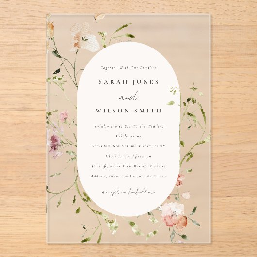 ソフト赤面牧草地の水カラーフローラフレーム結婚ズ アクリル招待状 (正面)