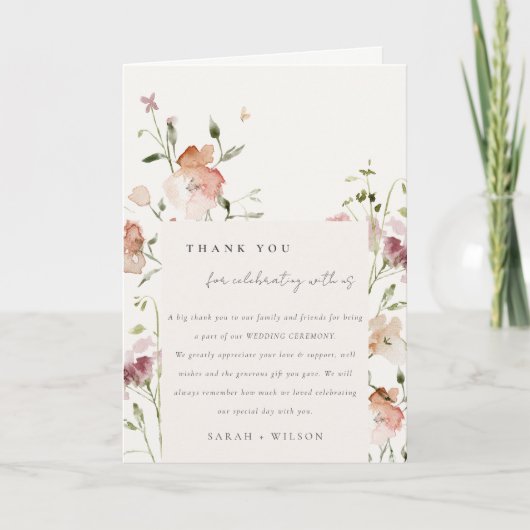 ソフト赤面牧草地の水カラーフローラフレーム結婚ズ サンキューカード (正面)