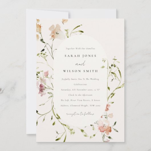 ソフト赤面牧草地の水カラーフローラフレーム結婚ズ 招待状 (正面)