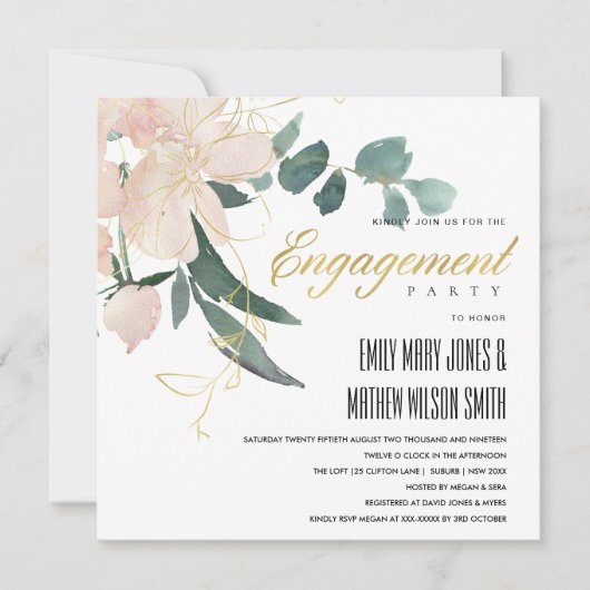 ソフト赤面金ゴールドフローラバンチ水彩婚約 招待状 (正面)