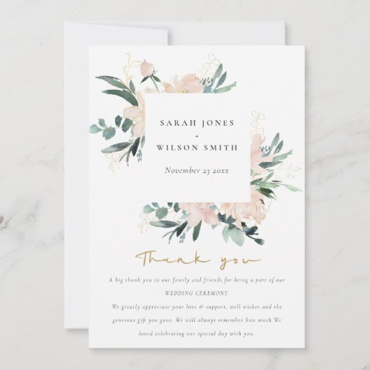 ソフト赤面金ゴールドフローラフレーム水結婚色 サンキューカード (正面)