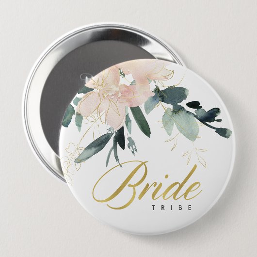 ソフト赤面金ゴールドフローラ水彩花嫁部族 缶バッジ (正面&裏面)