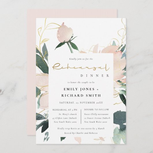 ソフト赤面金ゴールドフローラ水色リハーサルディナー 招待状 (正面/裏面)