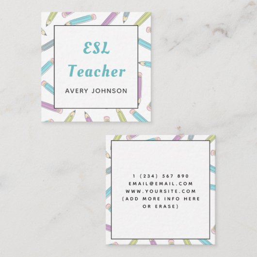 ソフト鉛筆パターンESL先生英語インストラクター スクエア名刺 (正面/裏面)