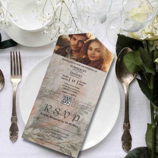 ソフト アブストラクト ボタニカル グレー グリーン ミニマル QR コード オールインワン招待状