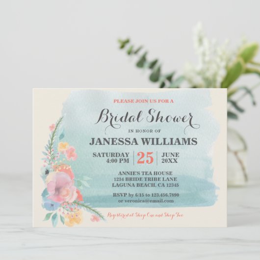 ソフト&スウィートティール(緑がかった色)ピンクボホフローラブライダルシャワー 招待状 (スタンド正面)