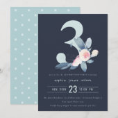 ソフト ネイビー ブラッシュ ブルー フラワル 3歳 誕生日 招待状 (正面/裏面)