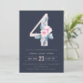 ソフト ネイビー ブラッシュ ブルー フラワル 4歳 誕生日 招待状 (スタンド正面)