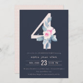 ソフト ネイビー ブラッシュ ブルー フラワル 4歳 誕生日 招待状 (正面/裏面)