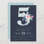 ソフト ネイビー ブラッシュ ブルー フラワル 5歳 誕生日 招待状 (正面/裏面)