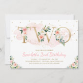 ソフト ブラッシュ ピンクとゴールドの花柄 2歳の誕生日 招待状 (正面)