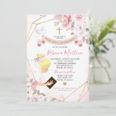 ソフト ブラッシュ ピンク ローズ ブロンド ガール ファースト コミュニオン 招待状 (スタンド正面)