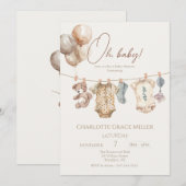 ソフト ボーホー ニュートラル ベビー服 ベビーシャワー 招待状 (正面/裏面)