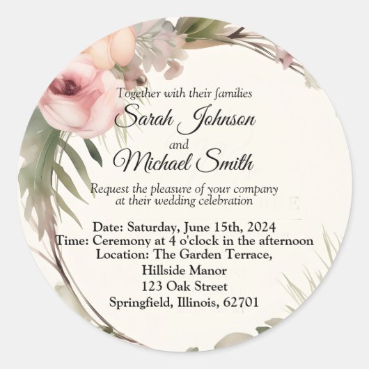 ソフト、ロマンチック、フローラ結婚式招待状デザイン ラウンドシール (正面)