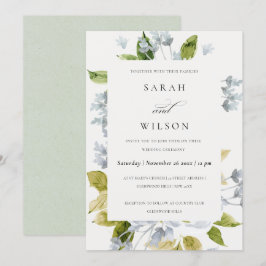 ソフト ロマンティック ベイビーブルー ウォーターカラー フラワーズ ウェディング 招待状