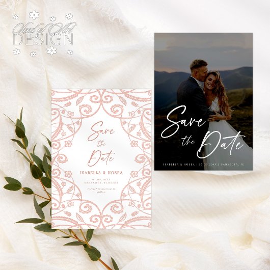 ソフト ローズゴールド グリッター フローラルレース ウェディング フォト セーブザデート