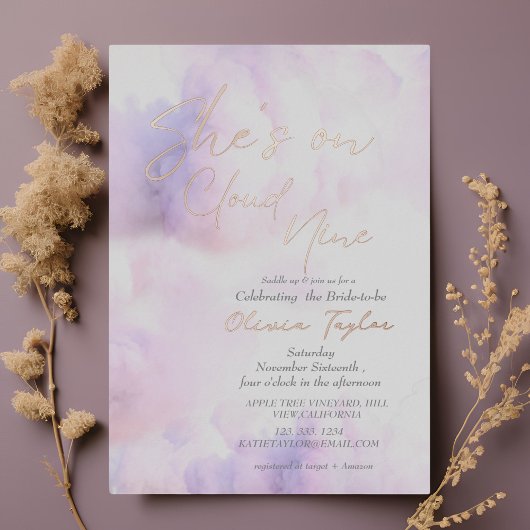 ソフトShe's on cloud 9バラ金ゴールドブライダルシャワー 箔招待状