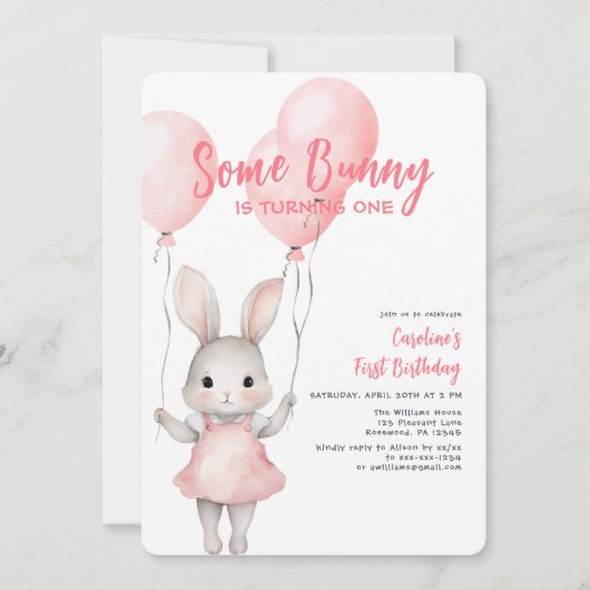 ソフバニーピンクガールファースト誕生日 招待状 (正面)