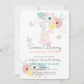 ソフバニーピンクフローラバタフライガール誕生日 招待状 (正面)