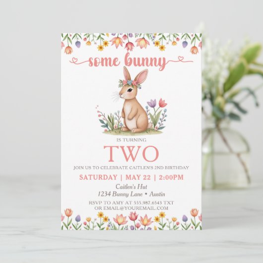 ソフバニー誕生日かわいいウサギフローラ招待状 招待状 (スタンド正面)