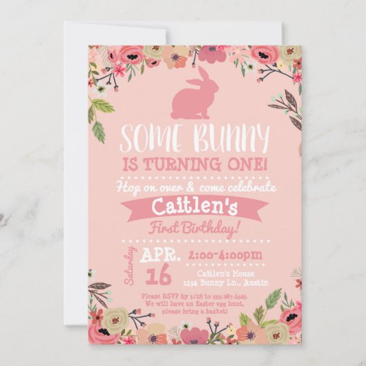 ソフバニー誕生日イースター招待状ピンク 招待状 (正面)