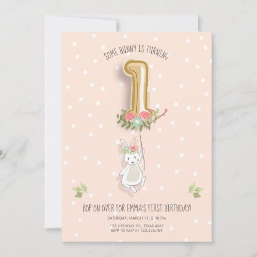 ソフバニー誕生日招待状ガールファーストピンク 招待状 (正面)