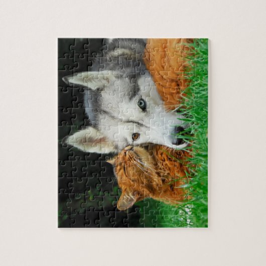 ソマリ族猫のシベリアンハスキーのかわいい友人の集まり愛 ジグソーパズル (縦)