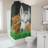 ソマリ族猫のシベリアンハスキーのかわいい友人はたらい-ちじこまります シャワーカーテン (インサイチュ)