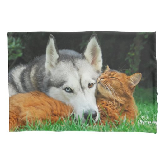 ソマリ猫とシベリアのハスキーのかわいい友達が寄り添う 枕カバー (正面)