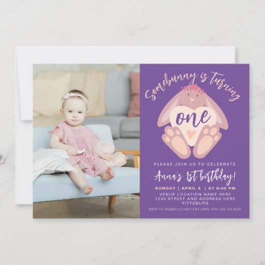 ソメイバニー誕生日かわいいバニーハート紫の写真 招待状 (正面)