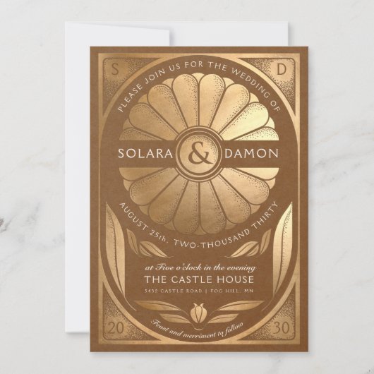 ソララIII -フローラフェイク金ゴールド結婚式招待状 招待状 (正面)