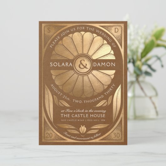 ソララIII -フローラフェイク金ゴールド結婚式招待状 招待状 (スタンド正面)