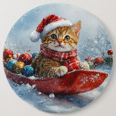 ソリに乗ったアビシニアン+雪を降らせて+クリスマス 缶バッジ (正面)