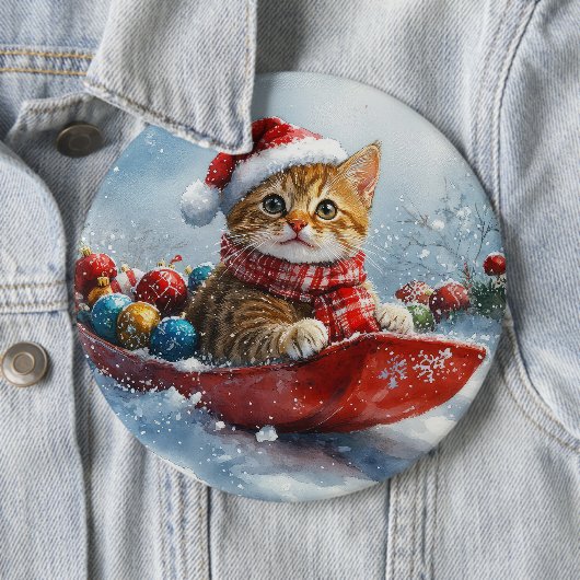 ソリに乗ったアビシニアン+雪を降らせて+クリスマス 缶バッジ (インサイチュ)
