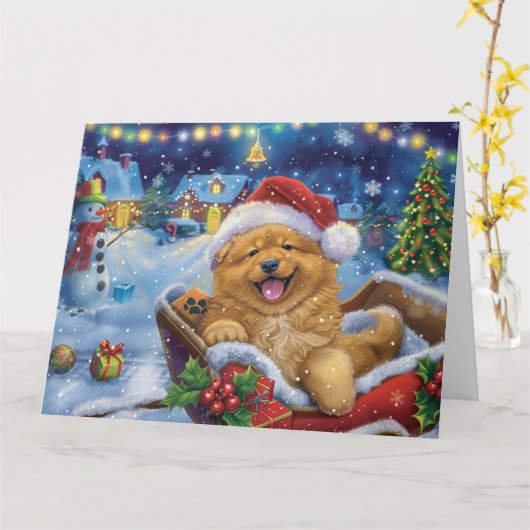 ソリに乗ったチャウチャウ犬 雪 クリスマス カード (黄色い花)