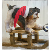 ソリに乗った子犬 シャワーカーテン (正面)