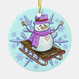 ソリに乗った雪だるまのオーナメント セラミックオーナメント