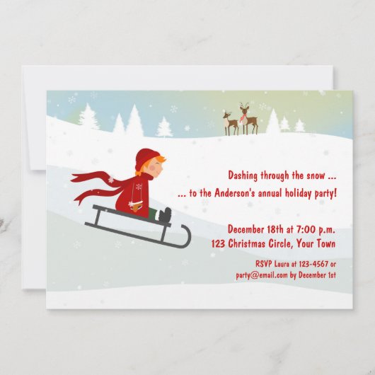 ソリに乗る少年、冬の休暇のお誘い 招待状 (正面)