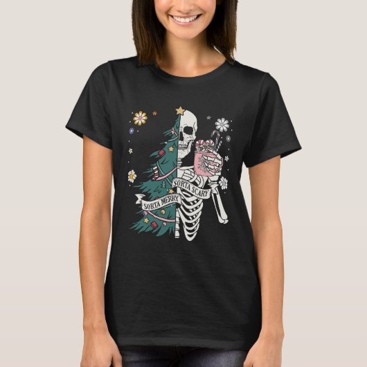 ソルタ怖いメリーソルタのクリスマススケルトンの木サ Tシャツ (正面)