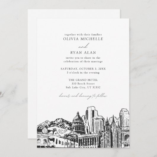 ソルトモダンレイクシティブラック&ホワイト結婚ズ 招待状 (正面/裏面)