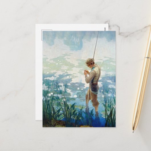 ソロー魚釣りアットワルデン池by N. C. Wyeth シーズンポストカード (正面/裏面インサイチュ)
