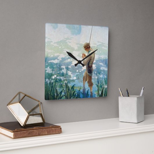 ソロー魚釣りアットワルデン池by N. C. Wyeth スクエア壁時計 (オフィス)