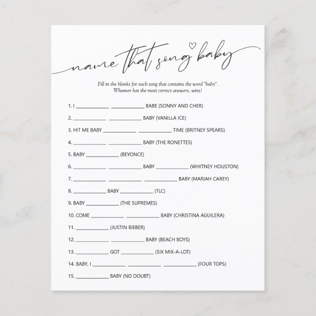 ソングベビーシャワーゲームのミニマリスト名 (正面)
