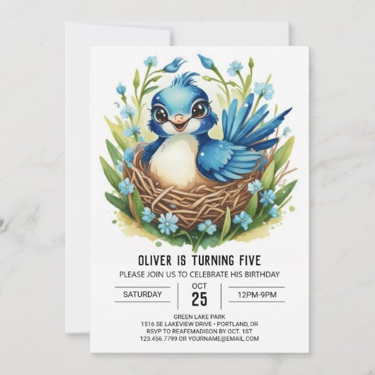 ソンバお洒落ードキュートバード誕生日 招待状 (正面)