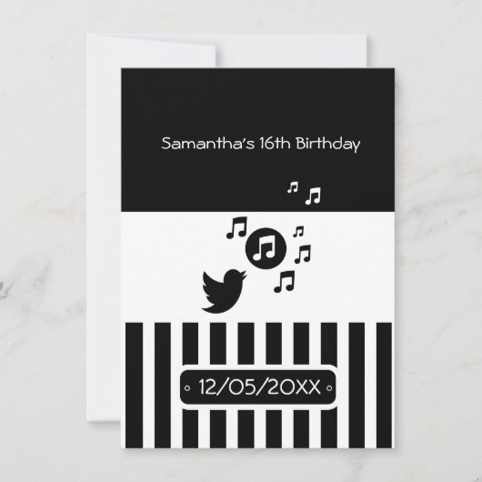 ソンバスタイリッシュード白黒ストライプ誕生日 招待状 (正面)