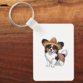 ソンブレロとサラペを着たフィエスタパピヨン犬 キーホルダー (正面)