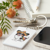 ソンブレロとサラペを着たフィエスタパピヨン犬 キーホルダー (正面右)