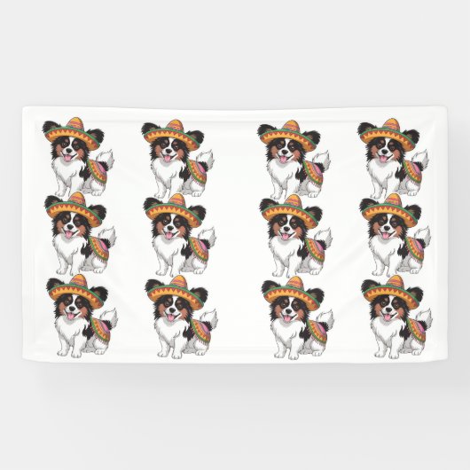 ソンブレロとサラペを着たフィエスタパピヨン犬 横断幕 (横)