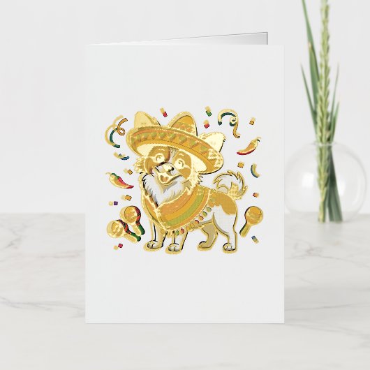 ソンブレロとサラペを着たフィエスタパピヨン犬 箔グリーティングカード (正面)