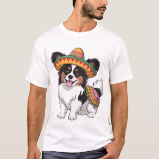 ソンブレロとサラペを着たフィエスタパピヨン犬 Tシャツ